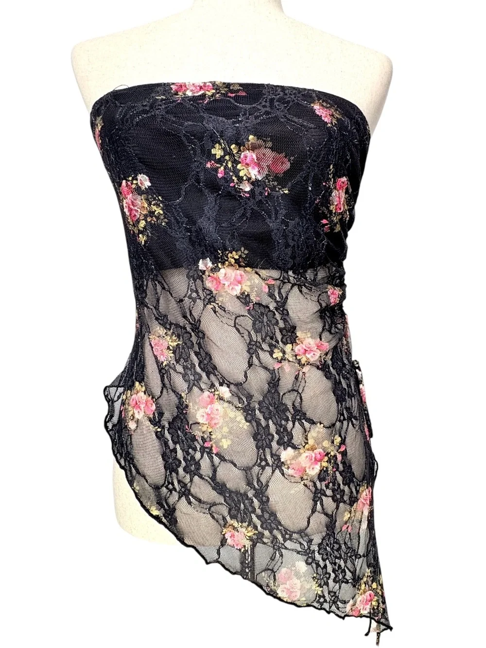 Oh Polly USA Women’s L Top Black Handkerchief Sheer Embroidered Lace Bandeau 90s - Picture 3 of 13
